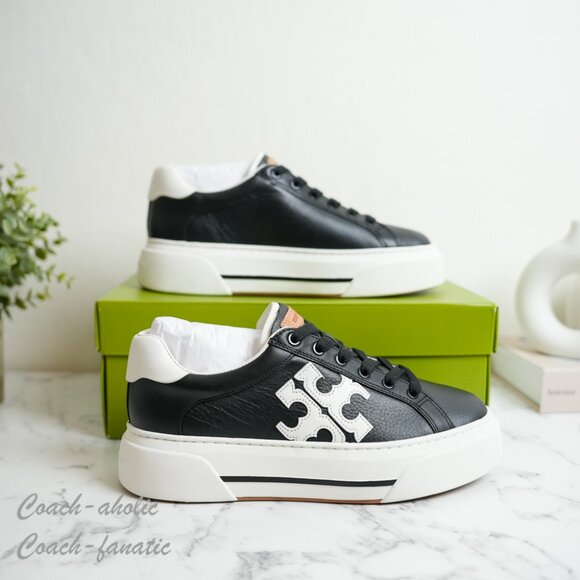 NIB Tory Burch Signature Color Block Platform Leather Sneaker Shoes in Black - Picture 2 of 12